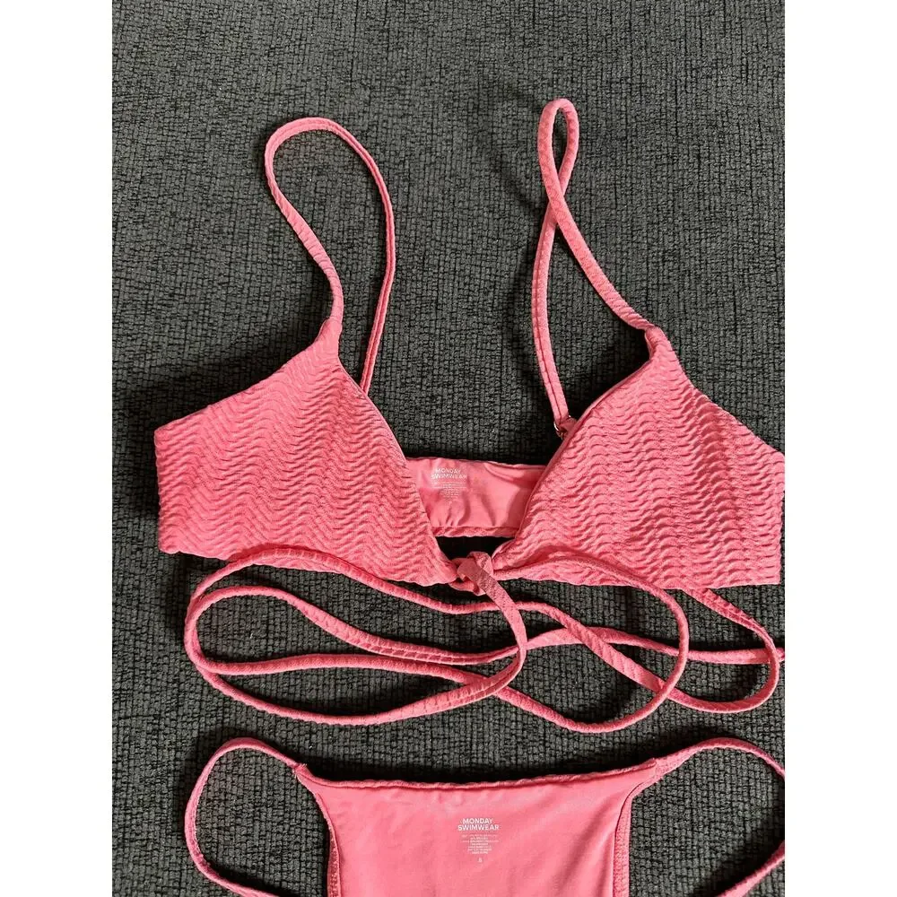 Monday Swimwear St.martin Bikini Top Bottom Set Textured in Azalea Pink size P/S